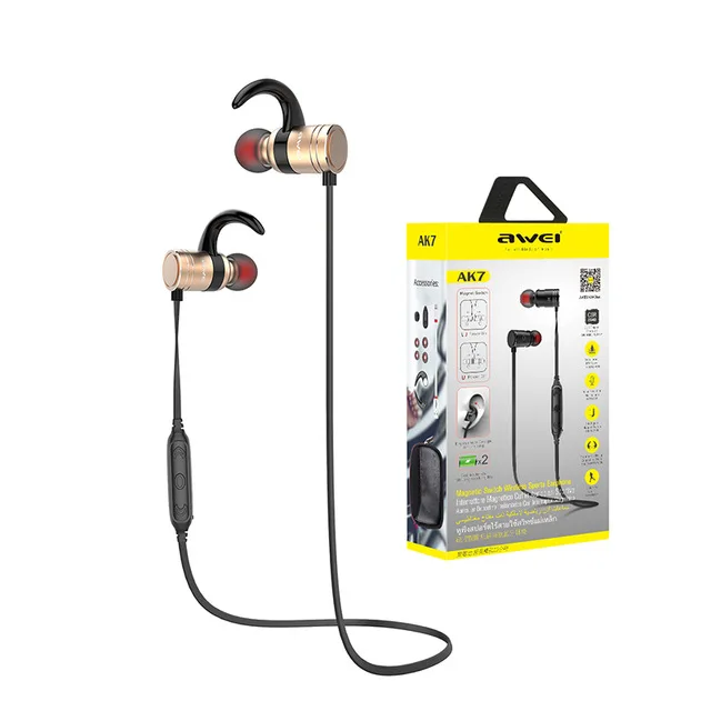 Golden AWEI AK7 беспроводные наушники Bluetooth Heaphone Магнитная гарнитура спортивные наушники беспроводные наушники для iPhone 7 8 6 - Цвет: Golden