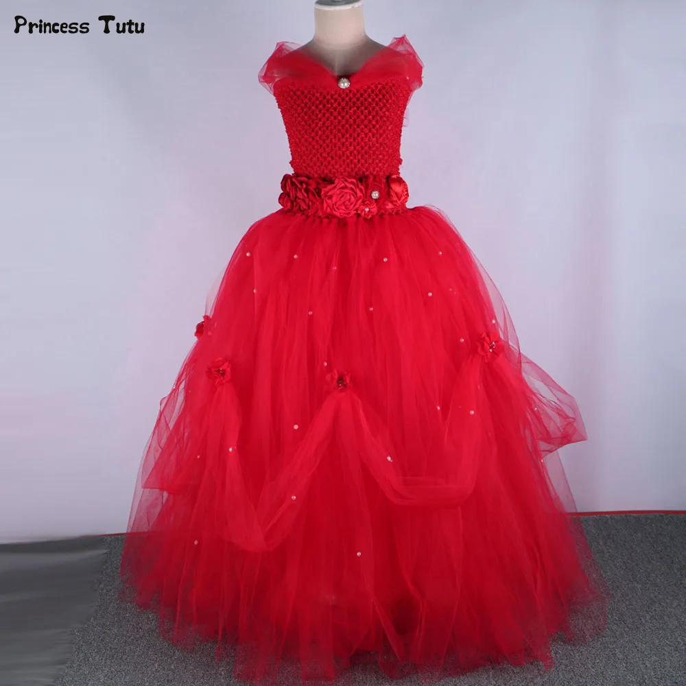 Красное платье из тюля с цветочным узором для девочек Платье без рукавов