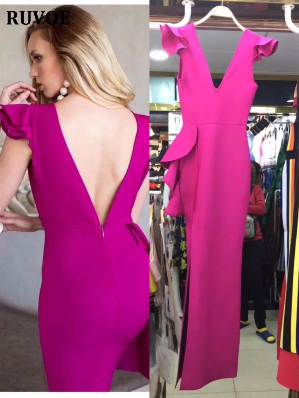 

New Arrival High Quality Purple Red Deep V-neck Open Fork Bandage Floor-Length Dress Celebrity Elegant Party Dress Q-195