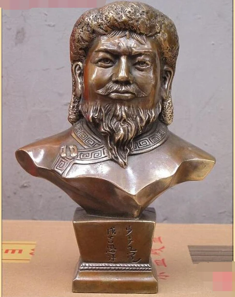 

9"Chinese pure Bronze Genghis Khan Jenghiz Khan Bust sculpture Statue D0317
