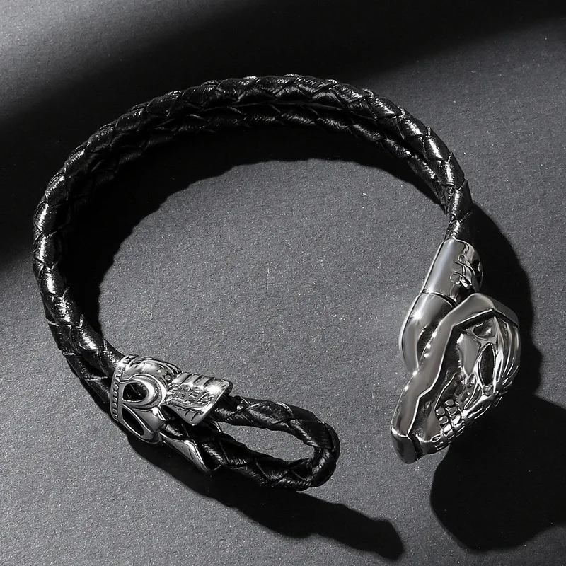 2018 мужские ювелирные изделия панк череп черный плетеный двухрядный браслет из