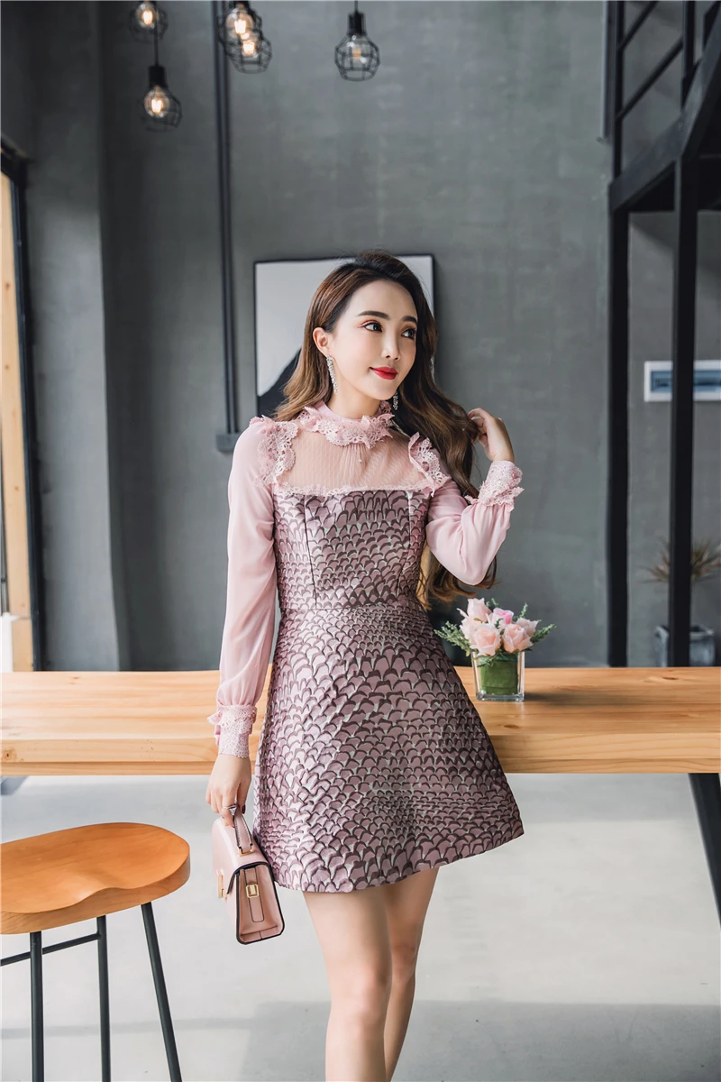 SMTHMA/жаккардовое платье; коллекция года; Vestido; весеннее кружевное винтажное модное розовое платье принцессы в стиле пэчворк с оборками и длинными рукавами