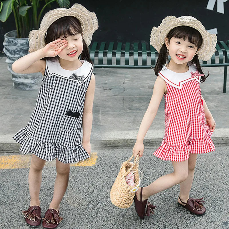 Милое дизайнерское летнее короткое Хлопковое платье в клетку для девочек