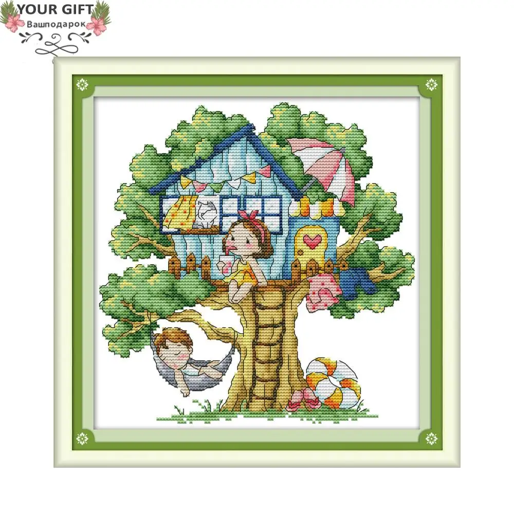 

Joy Sunday Summer Tree House Home Decor C939 14CT 11CT Counted and Stamped Cute Girl Needlepoint Embroidery Cross Stitch kits