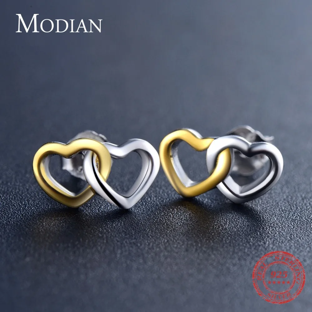 Modian стиль Настоящее 925 пробы серебряные двойные серьги-гвоздики в форме сердца белого и золотого цвета модные для женщин Свадебные ювелирные изделия