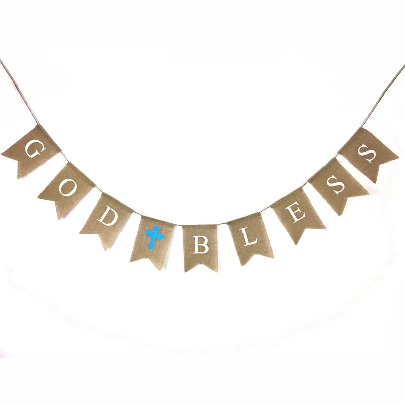 

Christening GOD BLESS Banner Baptismal Baby Boy Girl Shower Decorations Letters Burlap Flag Linen Hanging Flags Party Decors