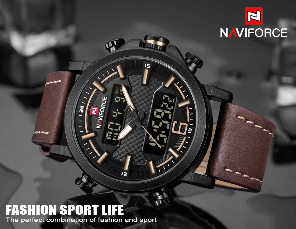 Relogio Masculino NAVIFORCE для мужчин спортивные роскошные модные часы бренд Кварцевые Цифровой Кожа водостойкий Военная Униформа наручные часы