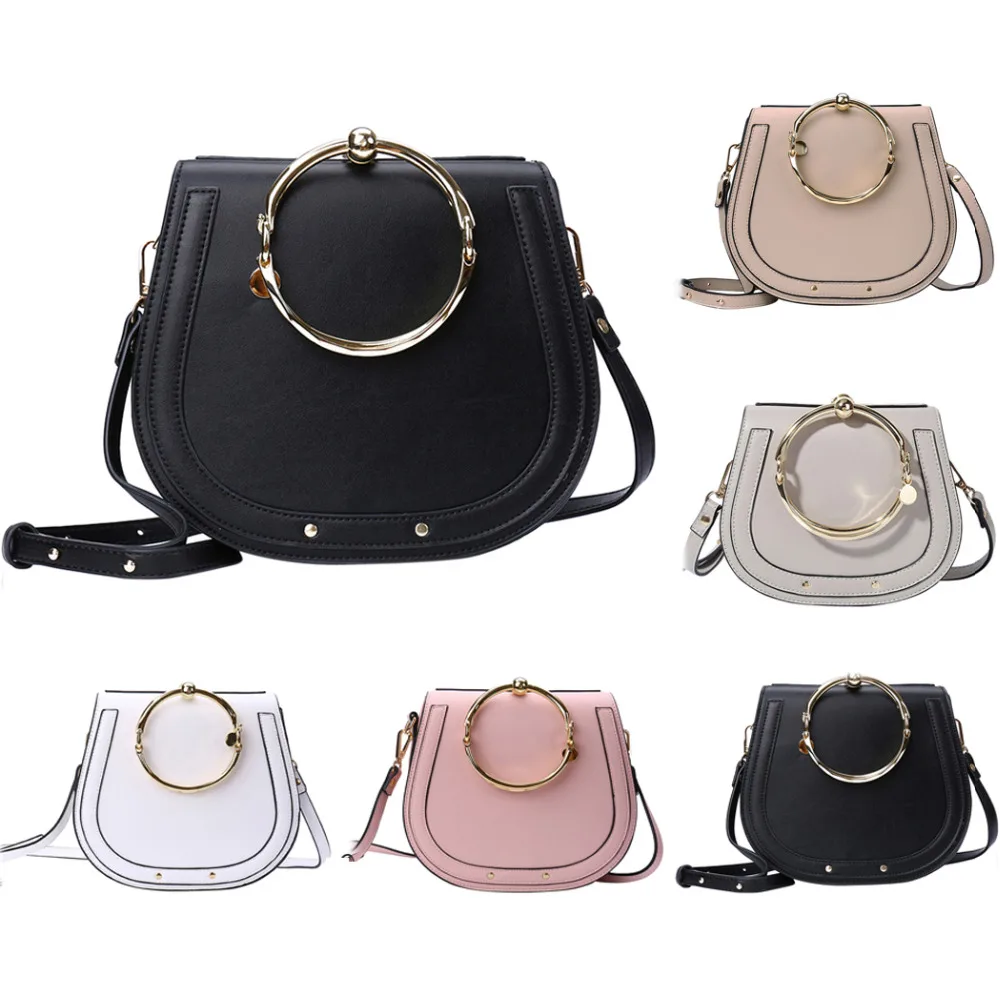 Women's Handbag Unique Metal Ring Top Handle Leather Women Crossbody Messenger Bag Tote For Girls Pink Black | Багаж и сумки
