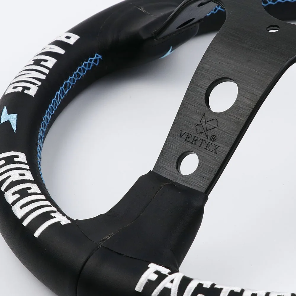 13 дюймов Vertex Белый Вышивка Черный Натуральная кожа Drift спортивные Рули с синей строчкой