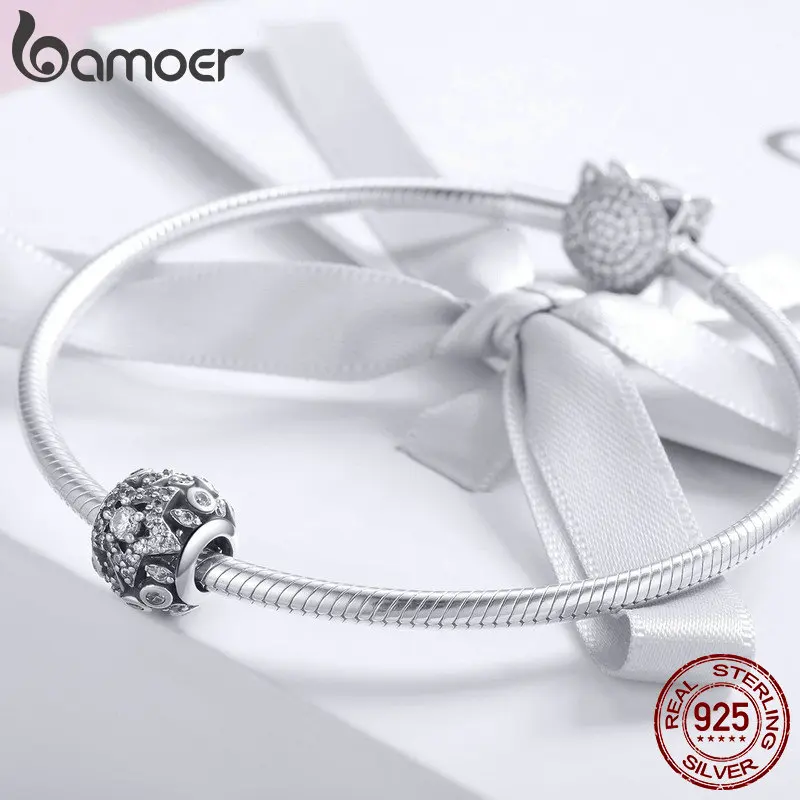 BAMOER, натуральная 925 пробы, серебро, Геометрическая Звезда, прозрачный кубический циркон, бусины, шарм, подходят для браслетов, браслеты, сделай сам, изготовление ювелирных изделий SCC928