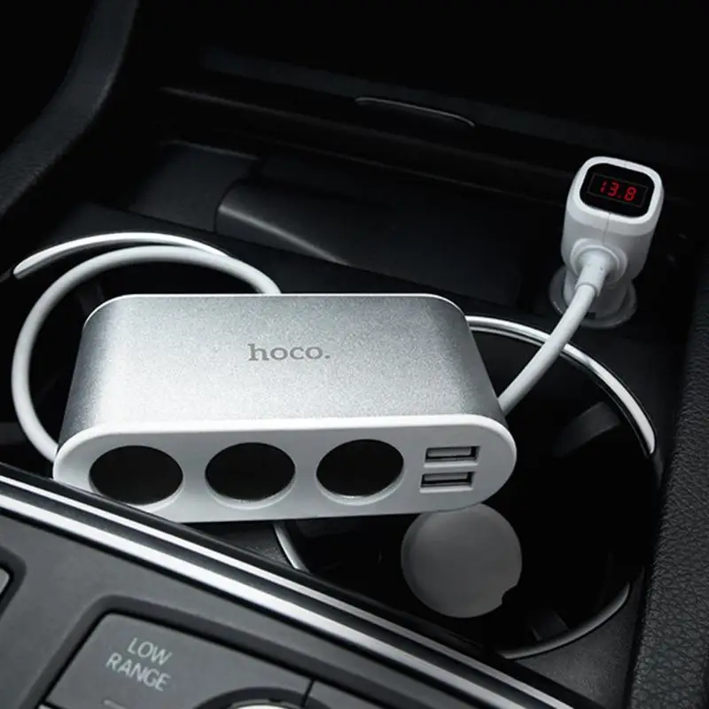 HOCO Z13 Dual USB 2.1A автомобильное зарядное устройство для телефона, 3 розетки, прикуриватель, светодиодный, цифровой дисплей, адаптер для быстрой зарядки, разветвитель
