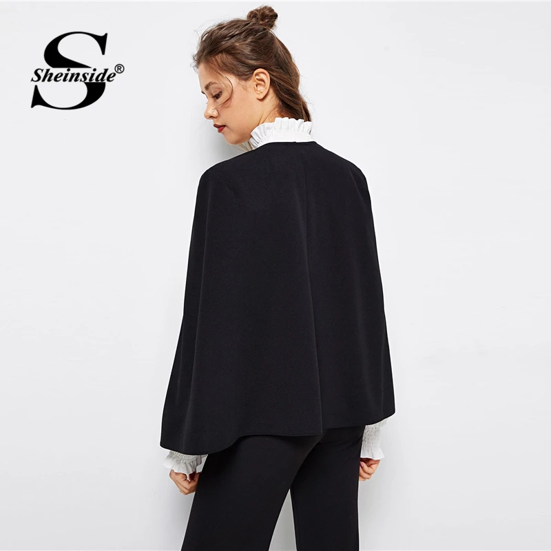 Sheinside, черный, v-образный вырез, плащ, рукав, блейзер для женщин, весна, минималистичный дизайн, блейзер, элегантный, офисный, для девушек, сплошные блейзеры