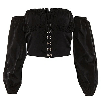 Black OOTN белый с открытыми плечами Топ, рубашка фонари длинным рукавом пикантные женские короткие топы Черный летняя блузка Туника женский Кнопка подпушка - Цвет: Black