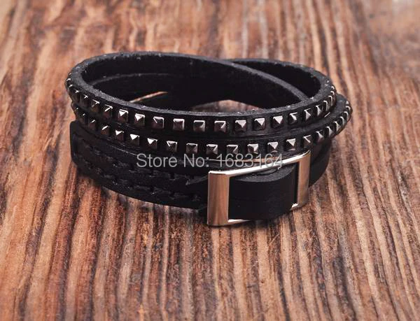 Black Double Wrap Leather Wristbands Bracelet Cuff Punk Lined &ampStudded New Mens | Украшения и аксессуары