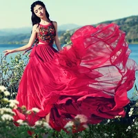 free shipping 2022 new fashion long maxi summer bohemia embroidered chiffon one piece sexy red dresses ruffles s l boshow dress