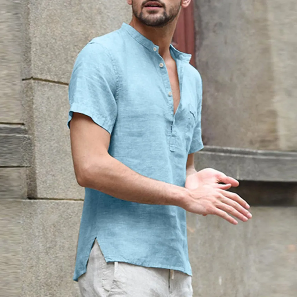 Повседневная рубашка с коротким рукавом, мужская рубашка Camisa, мешковатая, хлопок, лен, одноцветная, на пуговицах, Мужская блузка, топы, уличная одежда, Camisa masculina