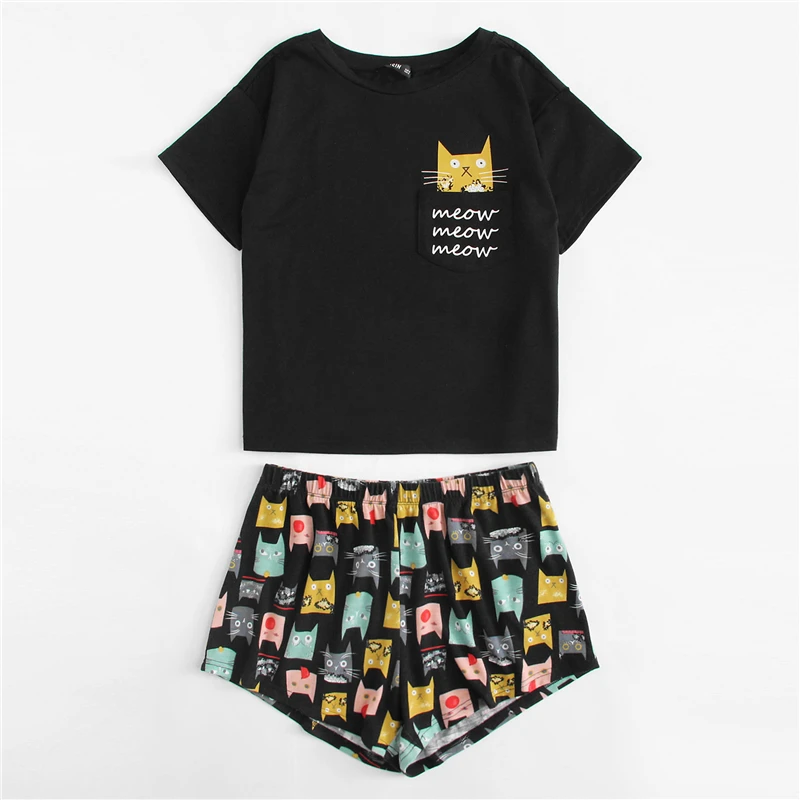 Dotfashion Футболка с принтом кота и шорты, пижамный комплект, Летний женский короткий рукав, опрятная Пижама с буквенным принтом, пижамный комплект с карманом