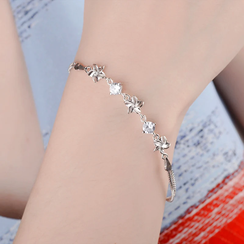Newest Fashion 925 Sterling Silver Windmill Jasmine Flower Charm Bracelets Purple Cubic Zirconia Elegant Bracelet Women Jewelry | Украшения