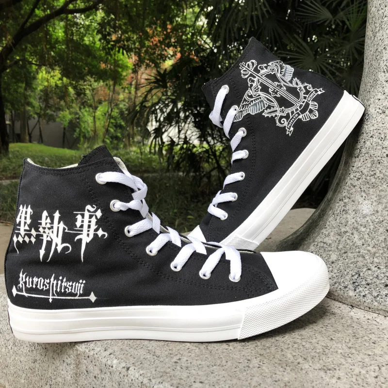 

Дизайнерская обувь Wen с ручной росписью, черная обувь Батлер Себастьян михаелис аниме, высокие черные холщовые женские туфли, мужские кросс...