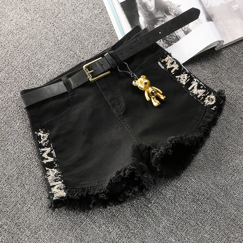 Джинсовые шорты женские черные с высокой талией модные эластичные Широкие