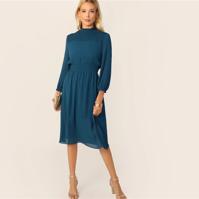 SHEIN Стильное Платье Со Стоячим Воротником Женское Синее Классическое Платье С Длинными Рукавами