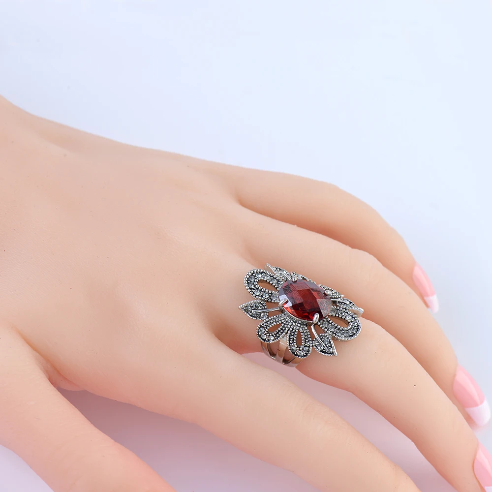 

Fashion Wedding Ring Unique Carved Antique Silver big glass Flower Lucky Rings for Women Beach European Jewelry Party Ring