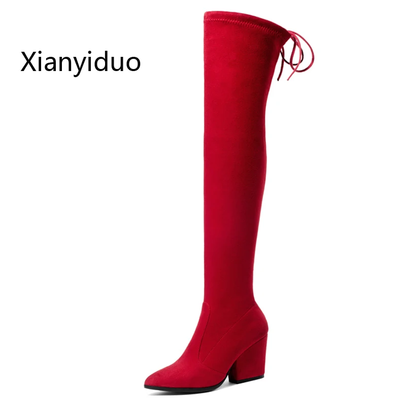 Xianyiduo/Новинка женская обувь эластичные Замшевые Сапоги выше колена с острым