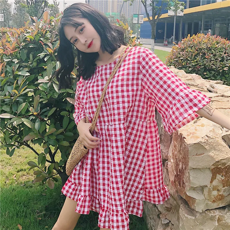 2018 Summer New Female Korean style loose Flare Sleeve short-sleeved Retro plaid Dress Student Fashion Sweet Cute | Женская одежда