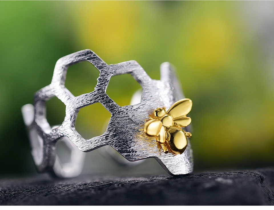 Lotus Fun, настоящее 925 пробы, серебро, 18 К, золото, пчела, кольца, натуральный дизайн, хорошее ювелирное изделие, домашняя защита, соты, Открытое кольцо для женщин