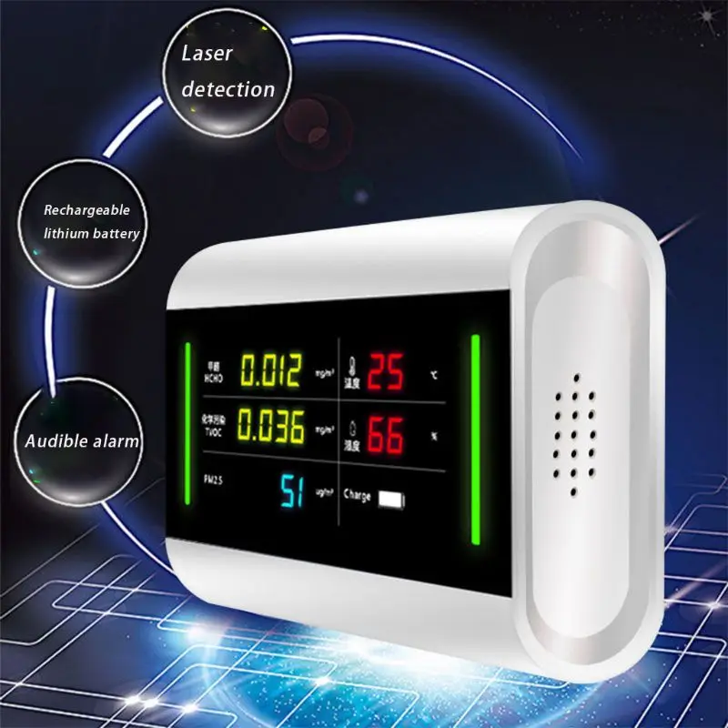 6-в-1 USB Перезаряжаемый монитор качества воздуха PM2.5 температура HCHO TVOC влажность