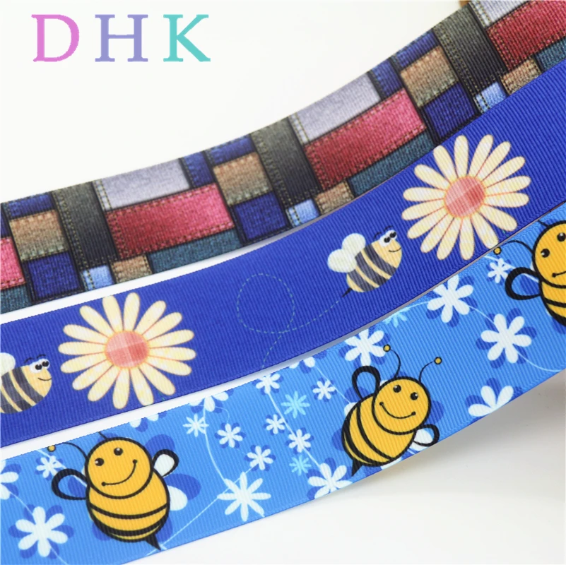 DHK 1,5 '10 ярдов Жан пчела цветок печатных grosgrain ленточный аксессуар бант для волос украшение головной убор оптовая продажа OEM B1643