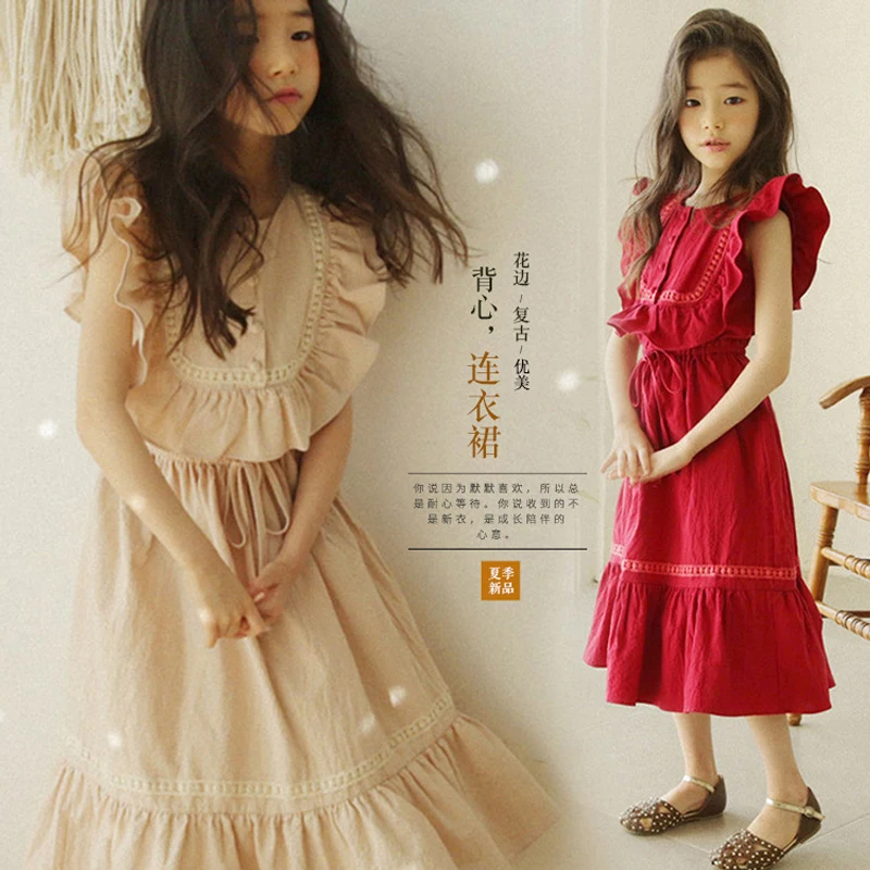 4 -14 Yrs Teenage Girls Red Long Dress 2021 Summer Elegant Ruffle Sleeveless Frocks For Simple Cotton | Детская одежда и обувь