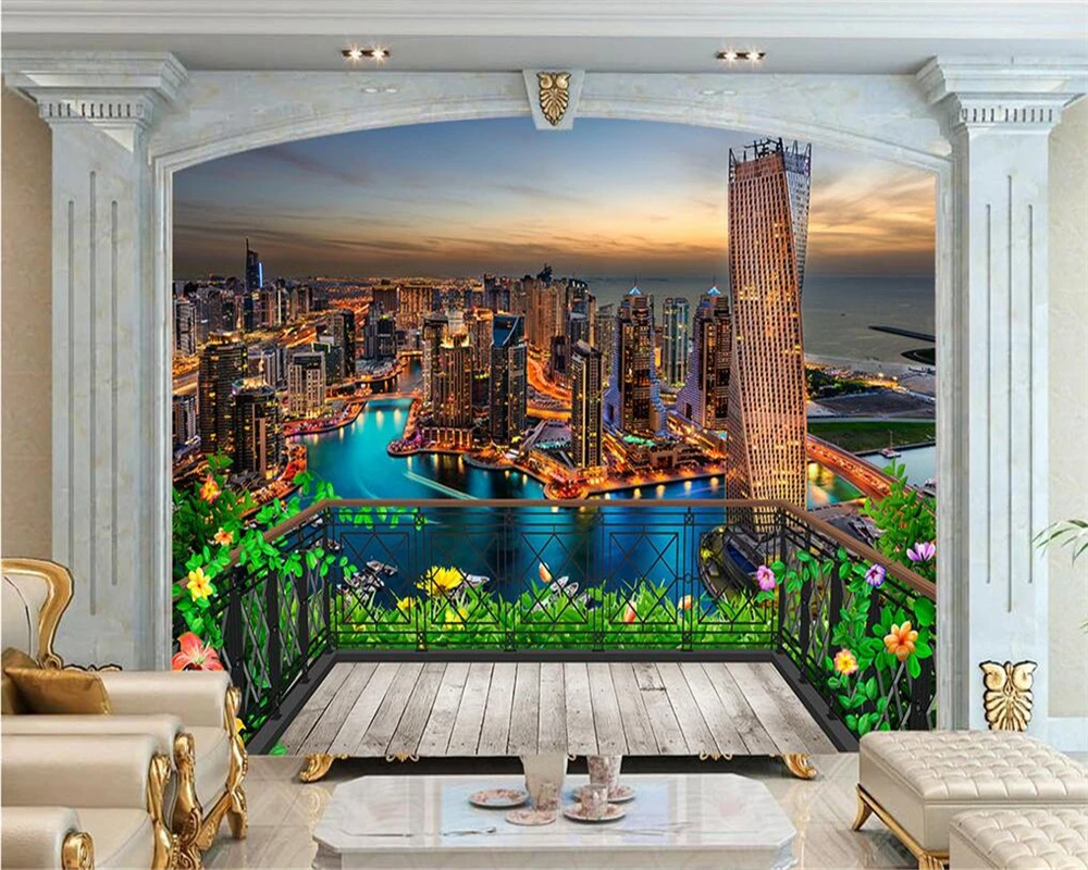 Фотообои 3D для балкона города ночного фона Настенные обои настенные бумаги