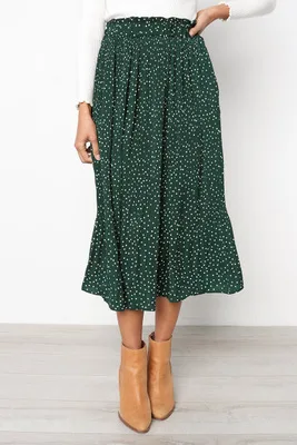Плиссированная юбка миди в белый горошек с цветочным принтом, Женская эластичная юбка с высокой талией и боковыми карманами, летняя коллекция года, элегантная женская юбка - Цвет: Green