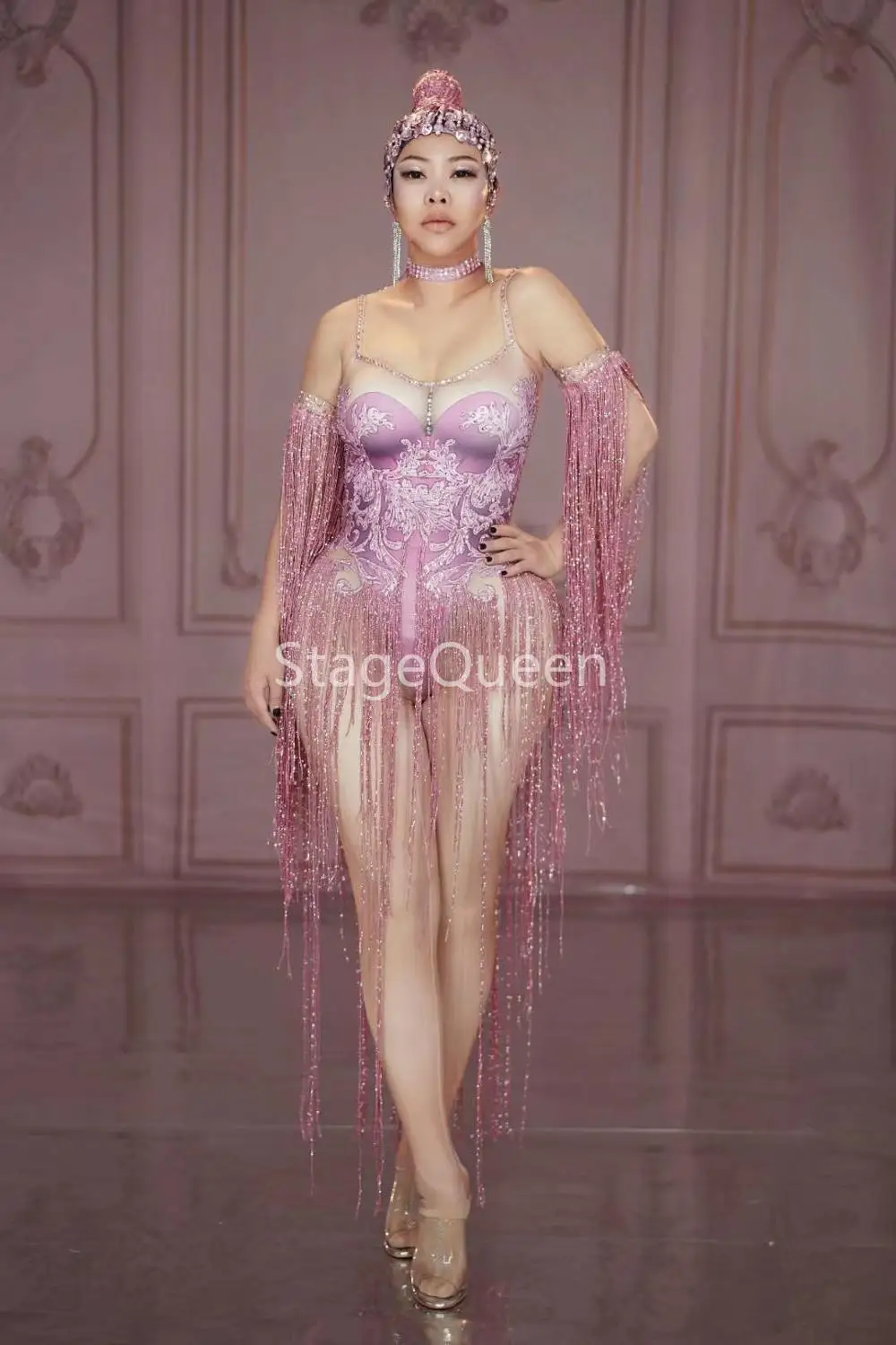 Fashion Pink Tassel Leotard Female singer DJ DS Stage show Dance Performance Fringes Sexy Costume Big Stretch Spandex Bodysuit