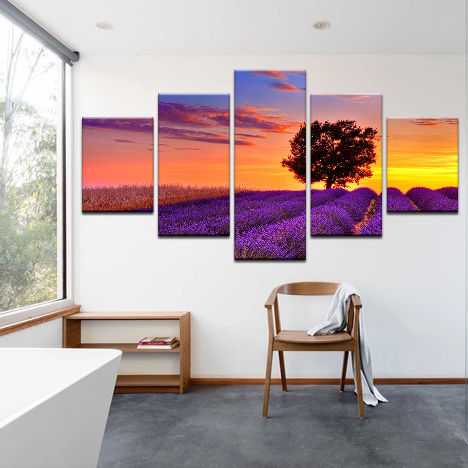 5 шт. Холст Картина цветы лаванды пейзаж модульные картины маслом на стене дома