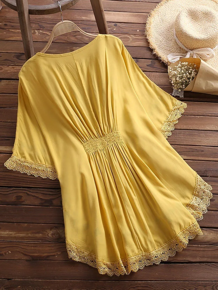 Женская Кружевная туника с рукавом 2019 желтая белая красная блузка