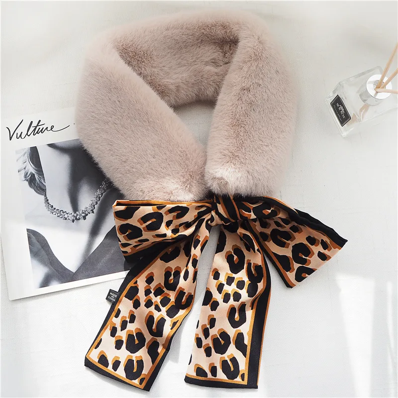 

Fashion Winter Women's Faux Fur Collar Scarfs Leopard Print Scarves Cute Warm Soft Neckerchief Neck Warmer with Ribbon
