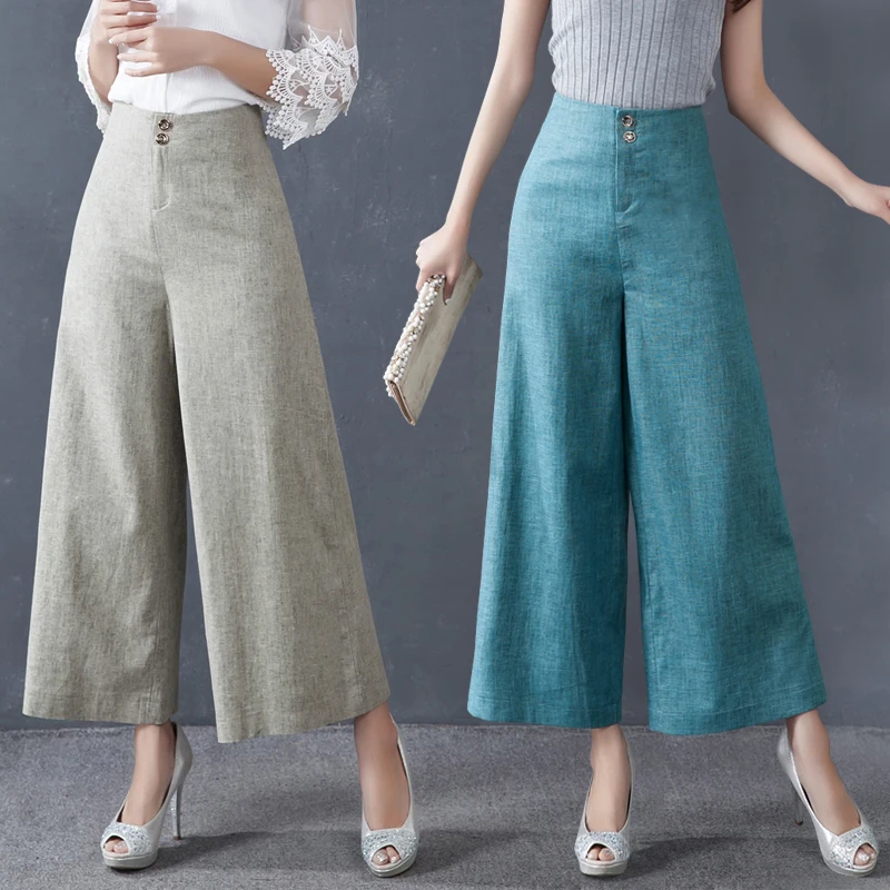 Summer Spring Casual Women Blue Wide Leg High Waisted Linen Ankle Length Trousers Slim Female Woman Loose Pants | Женская одежда