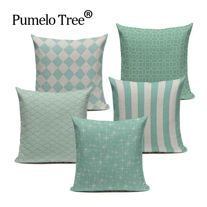 Индивидуальный чехол для подушки светло голубой льняной геометрический Декор