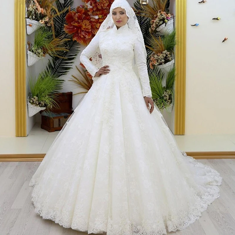 

Muslim Wedding Dress Long Sleeves High Collar Lace Saudi Arabia Bridal Gown Wedding Gown Vestidos De Novia 2021