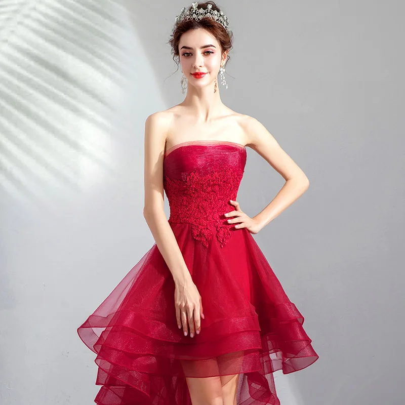 

AXJFU flower red lace evening high/low evening dress vintage sleeveless strapless sleeveless dinner red evening dress 1066