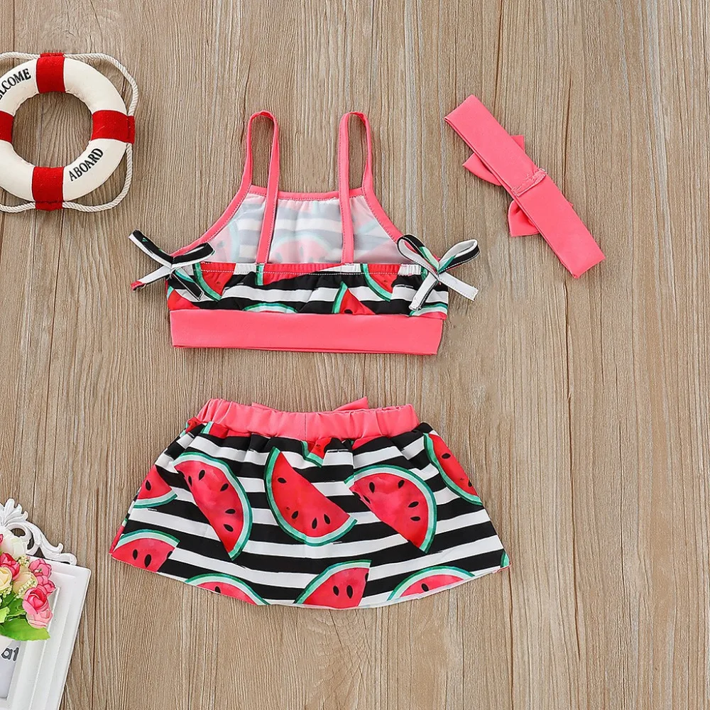 swimsuit kids girl Cotton Two piece Swimsuit bathing suit Bikini Suspender Tops Skirt Headbands set L0520 | Детская одежда и обувь
