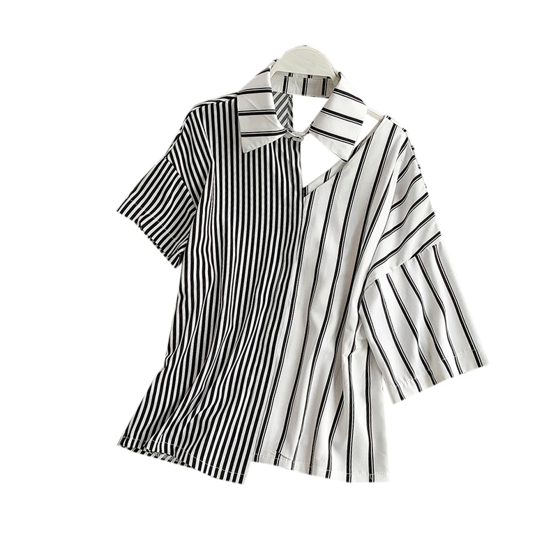 Женская рубашка в стиле пэчворк ALPHALMODA с коротким рукавом и отложным воротником