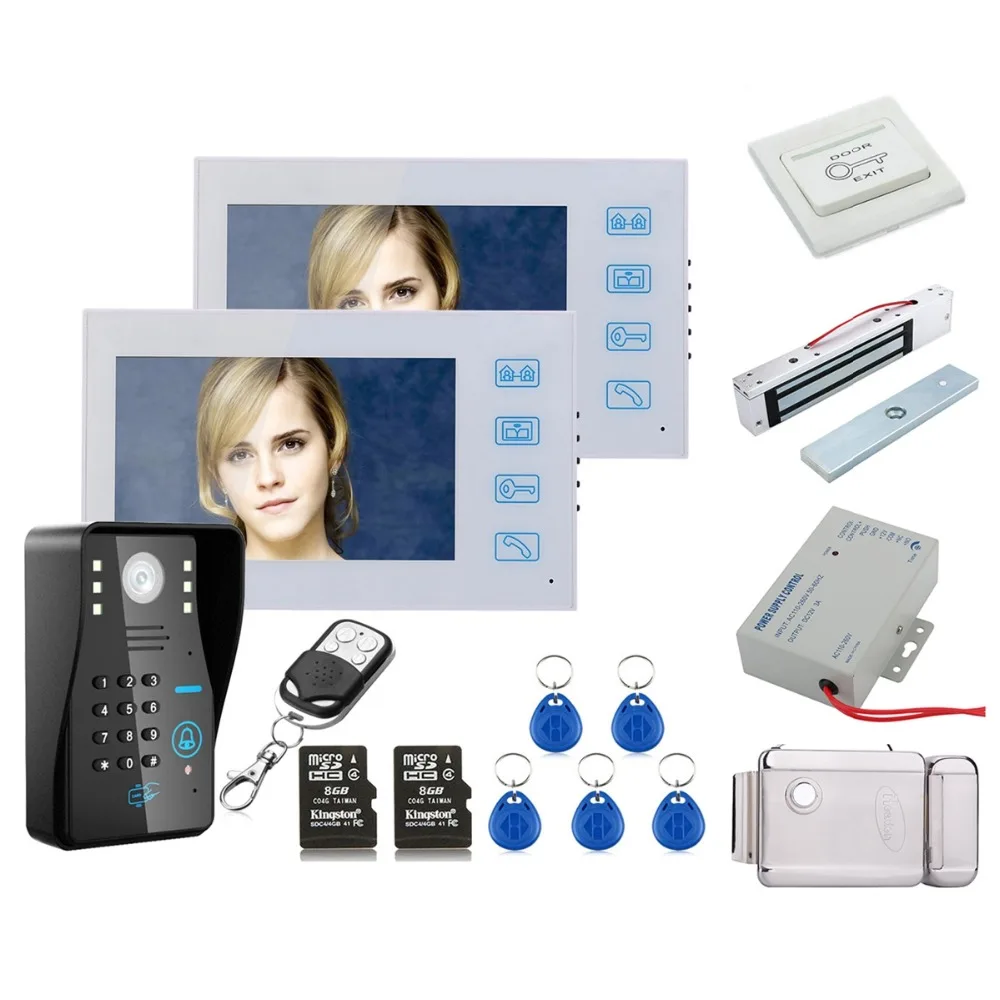 Home Security 7&quot HD Two Monitor Recording RFID Password Video Door Phone Intercom Doorbell With 8G TF Card +Electronic locks Set |