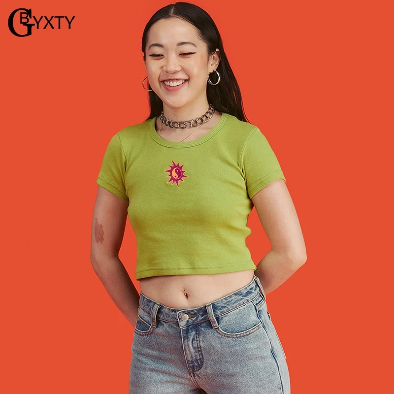 GBYXTY camiseta mujer уличная одежда укороченный топ летняя неоновая зеленая футболка с