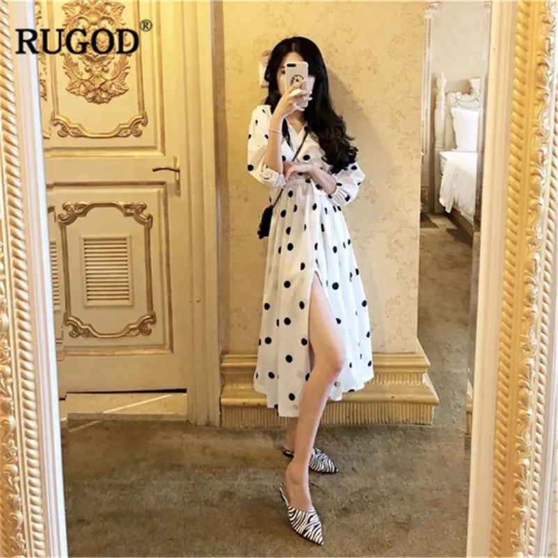 Женское платье до середины голени RUGOD Элегантное летнее икры с высокой талией и v