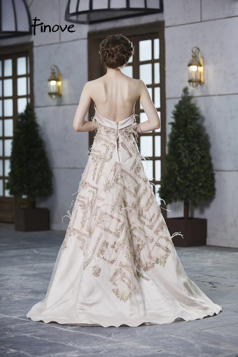 Finove, сексуальное вечернее платье без бретелек, длинное, Vestido de Festa,, атласное, ТРАПЕЦИЕВИДНОЕ, вышивка перьями, с бисером, женское платье