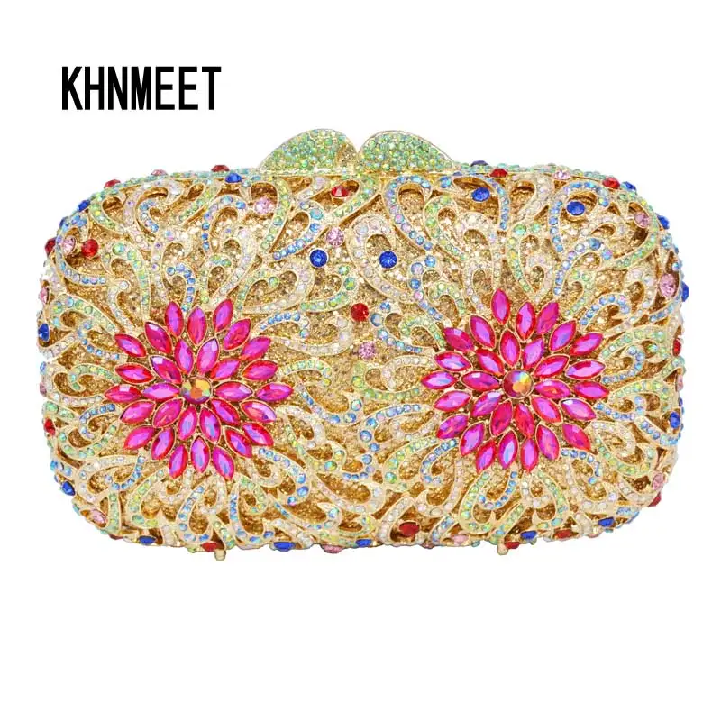 Женский клатч с кристаллами розово красная вечерняя Банкетная сумка плоская