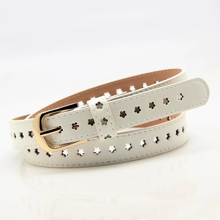 Тонкий женский ремень с вырезом из лакированной кожи пряжкой маленький белый